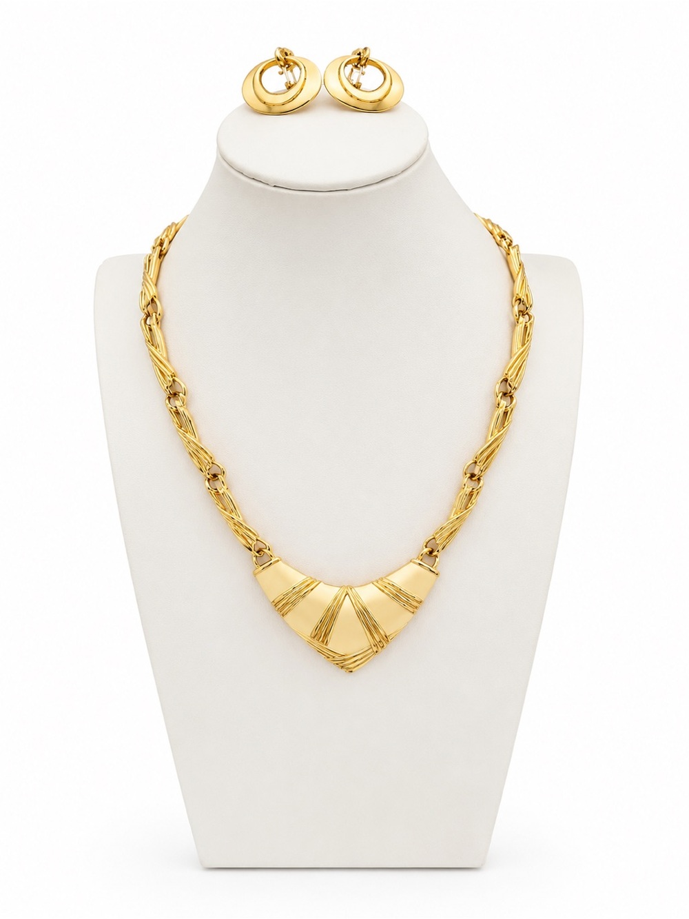 Vintage Cream Enamel & Gold Tone Necklace and Clip-On Earring Set Mid Century
